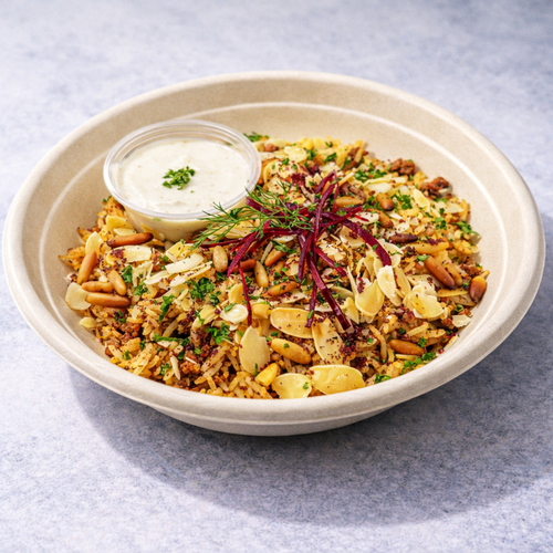 Beef loaded rice served with tahini sauce and pine nuts